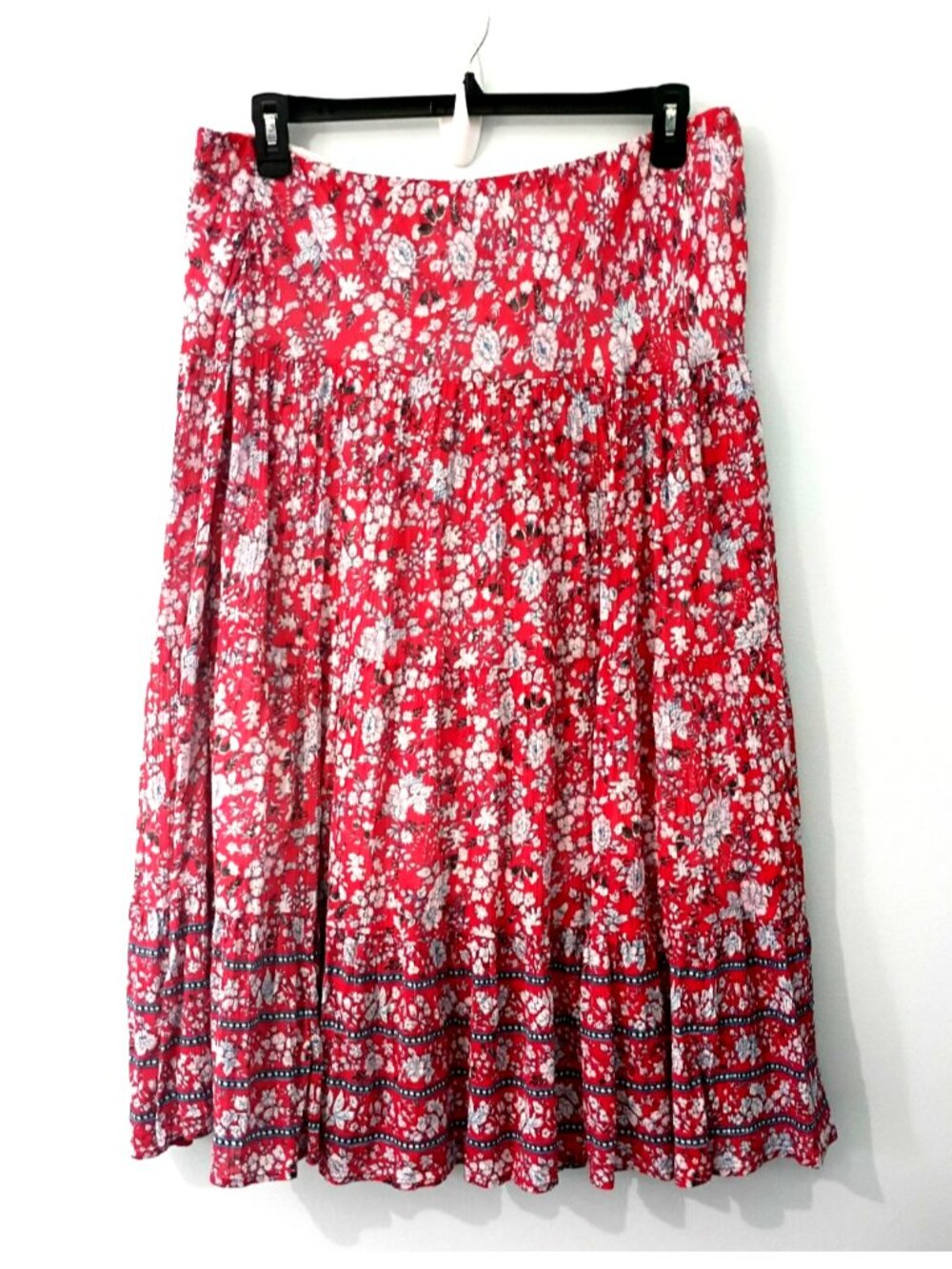 Chaps Maxi Skirt Crinkle Cotton Gauze Lined Elastic Waist Tiered Floral Red - XL